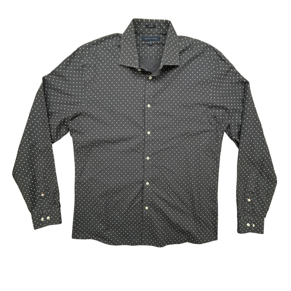 Tommy Hilfiger Shirt Mens Large Slim Fit Gray Polka Dot Button Up Dress Modern